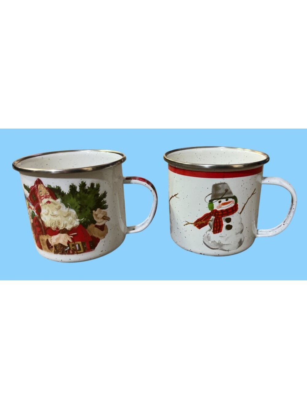 Hallmark Jan Karon Mitford Christmas Enamelware Mugs Santa Snowman Set of 2 Used